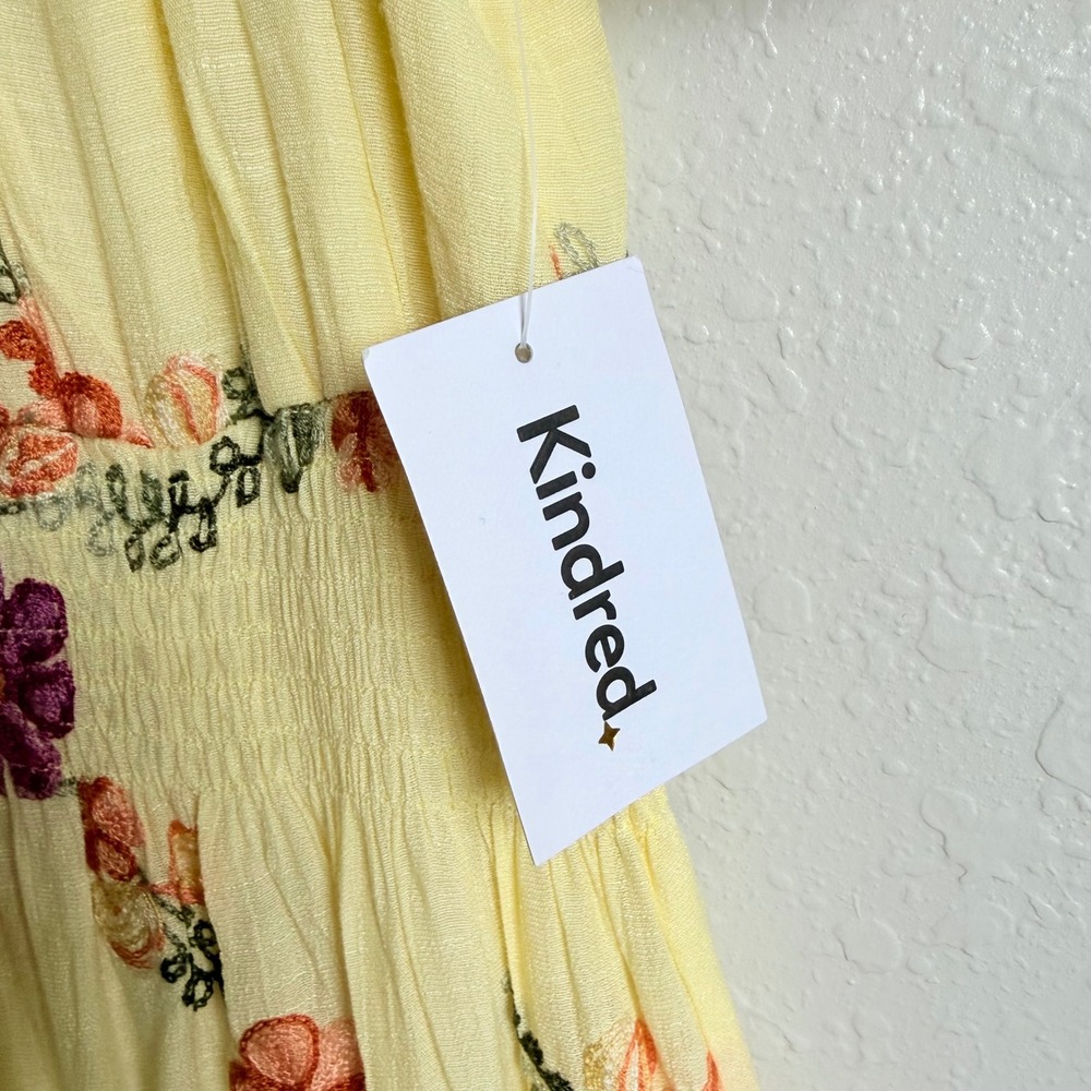 Anthro Kindred Smocked Maxi Dress Butter Yellow Embroidered NWT Cottagecore - Picture 7 of 16